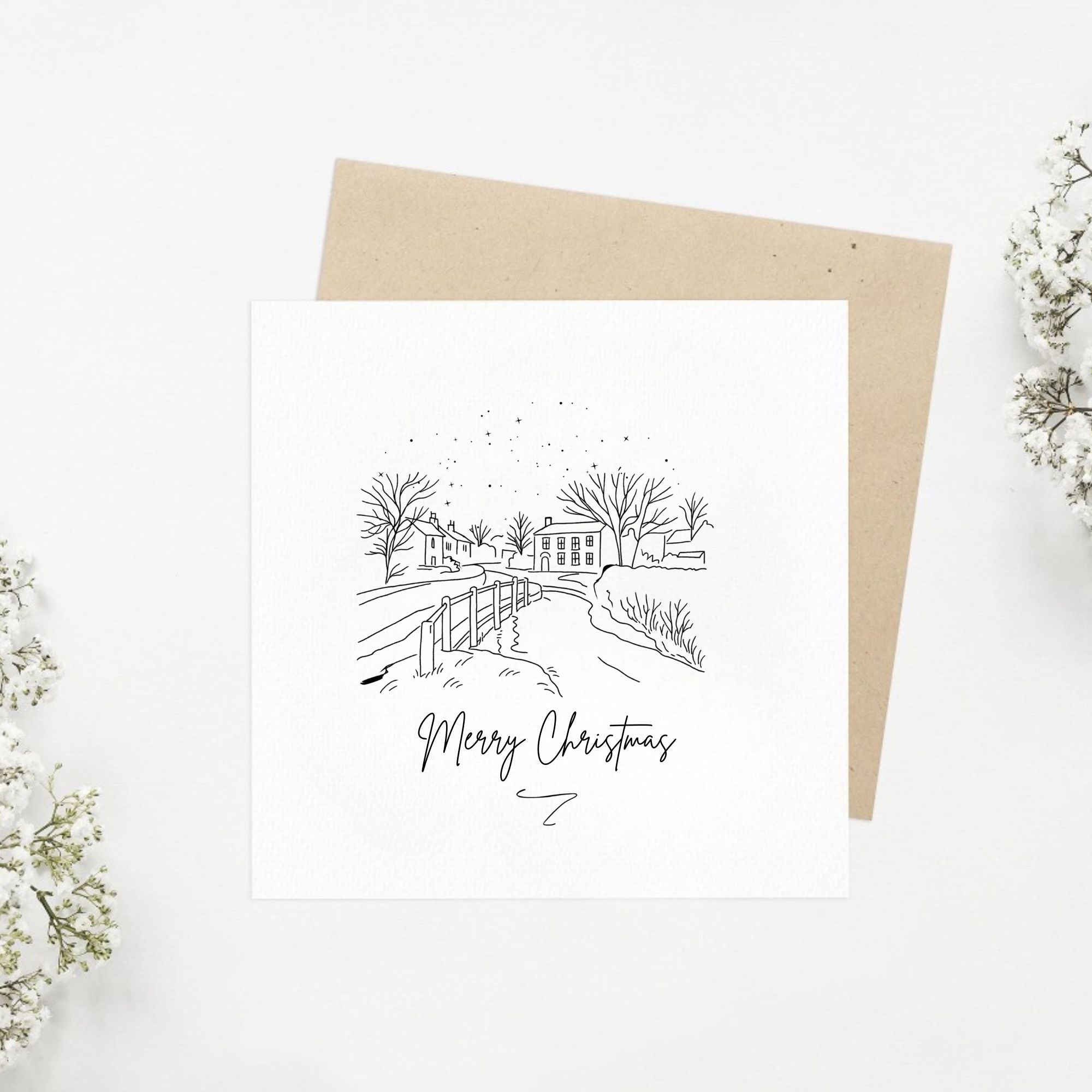 Set of 6 Minimal Line Art Christmas Cards - Luxury Thorner Village Scene Greeting Cards