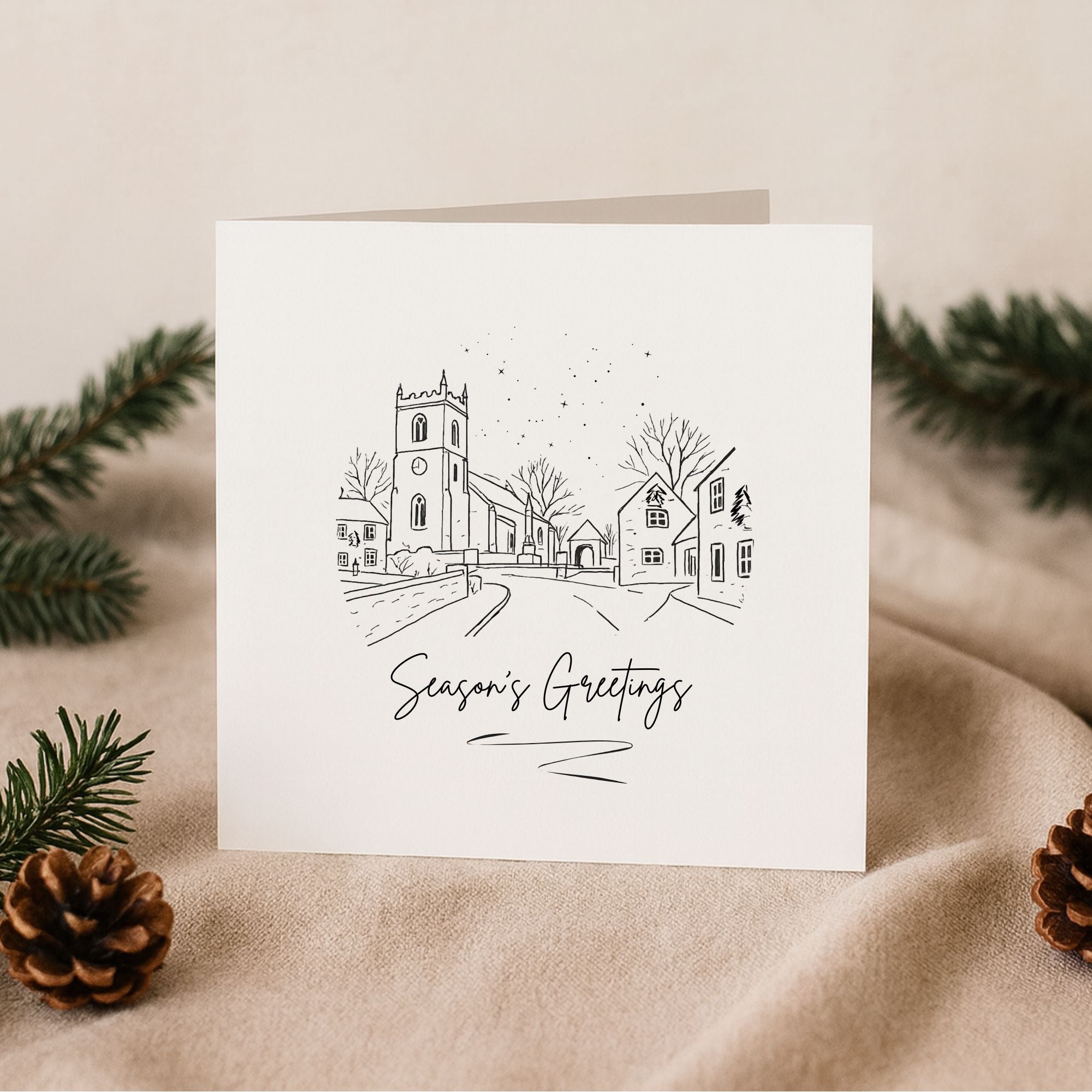 Set of 6 Minimal Line Art Christmas Cards - Luxury Thorner Village Scene Greeting Cards