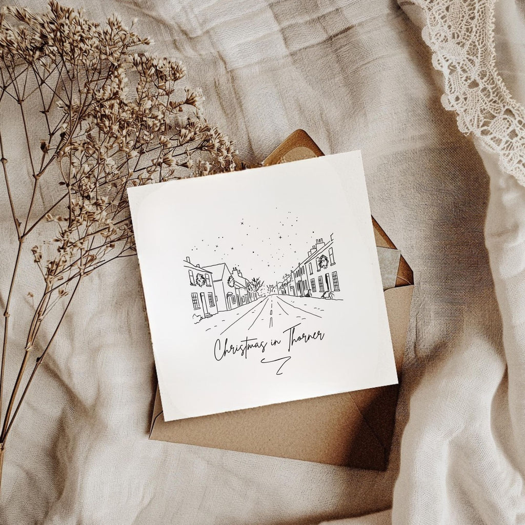 Set of 6 Minimal Line Art Christmas Cards - Luxury Thorner Village Scene Greeting Cards