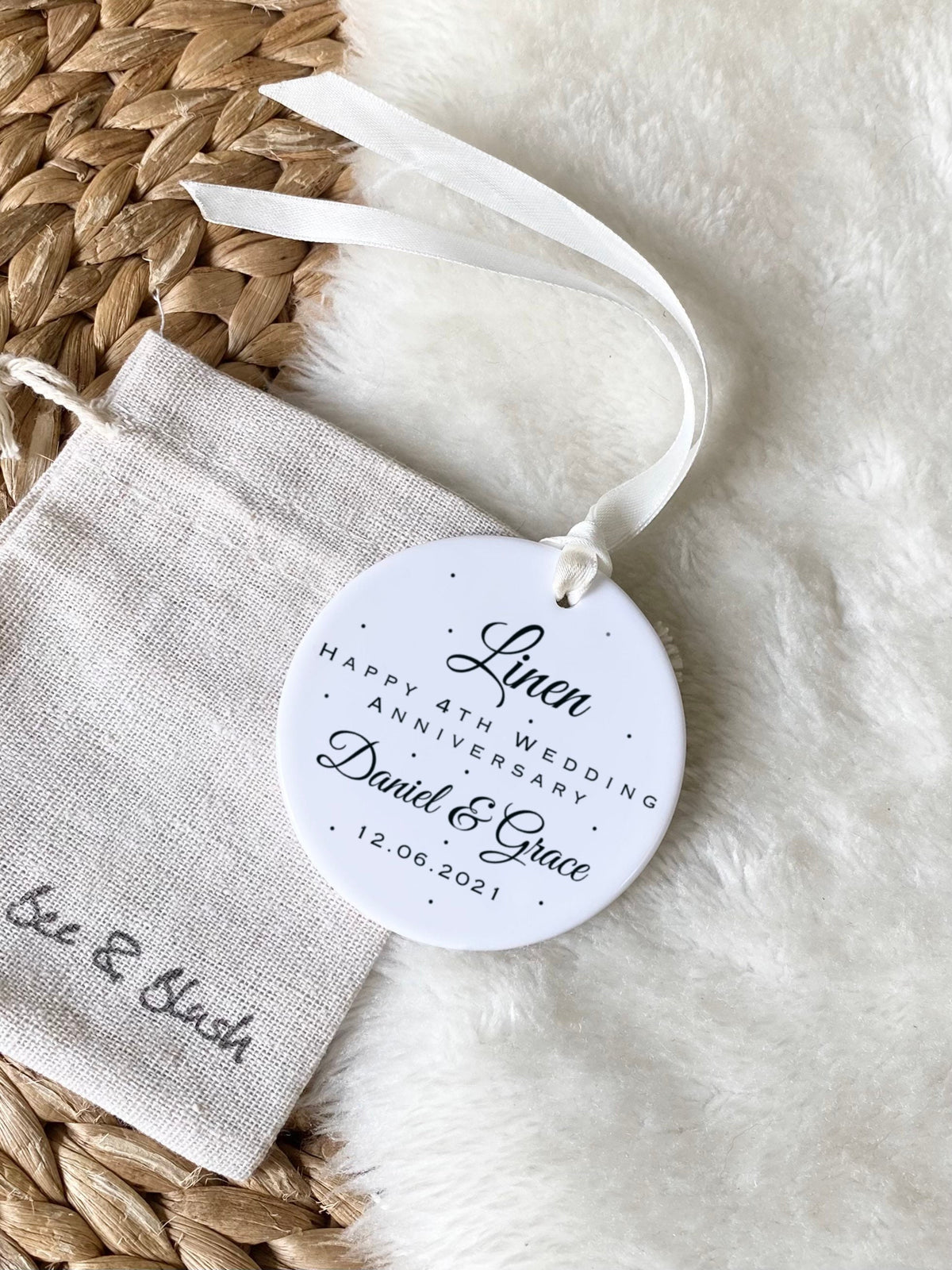 Personalised 4th Anniversary Ornament – Linen Wedding Keepsake