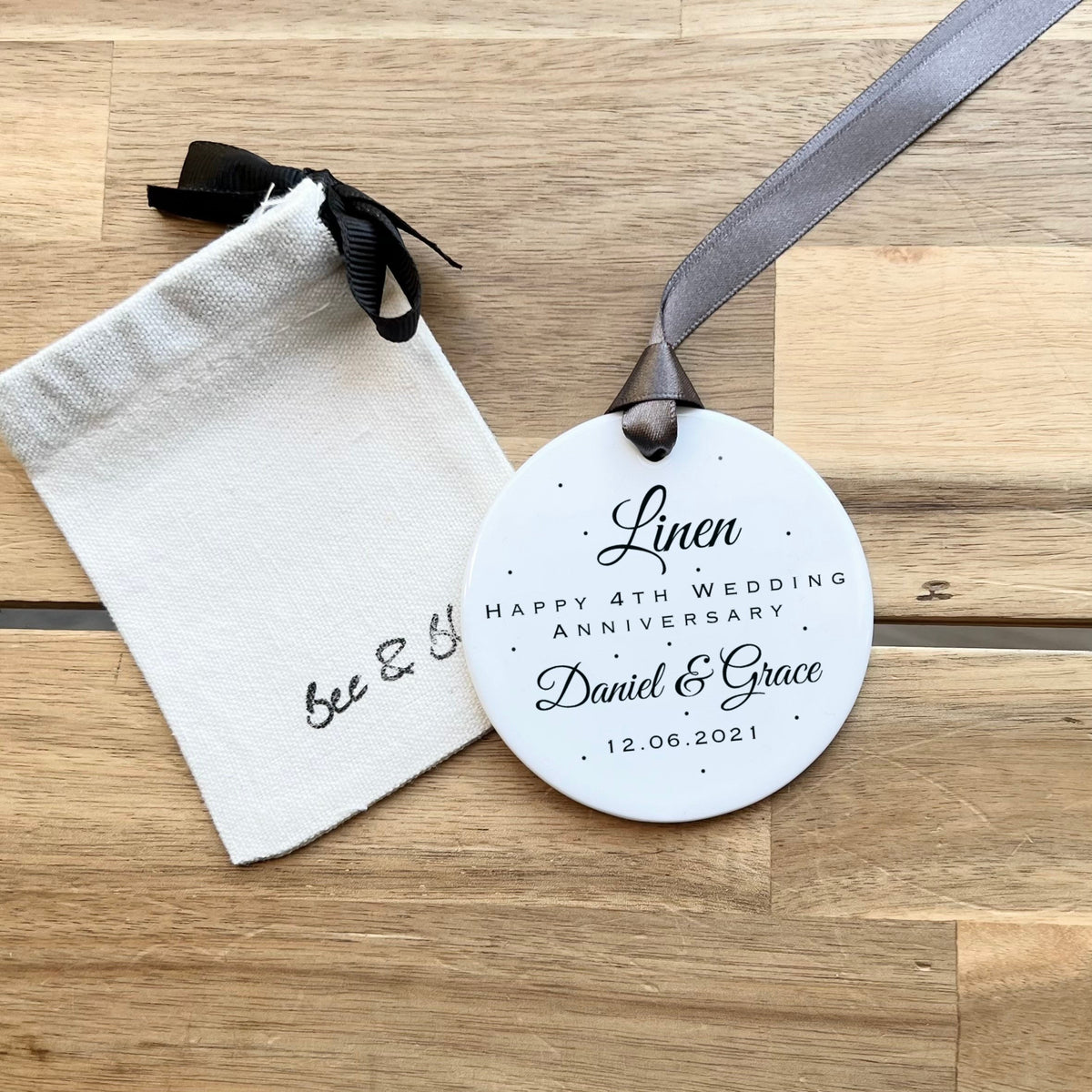Personalised 4th Anniversary Ornament – Linen Wedding Keepsake