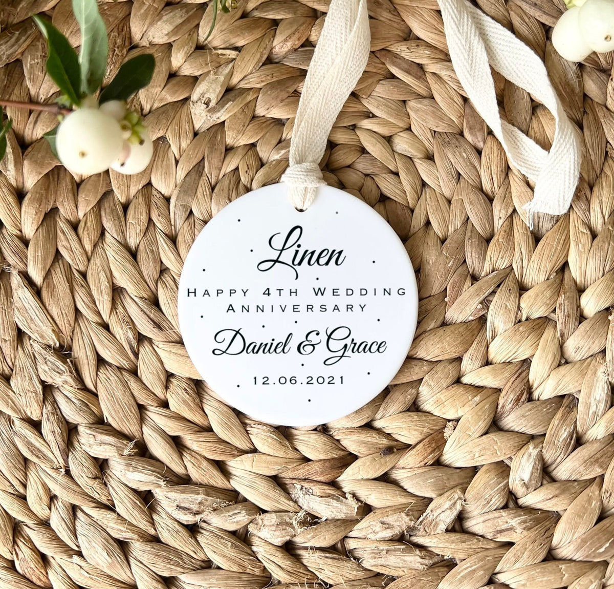 Personalised 4th Anniversary Ornament – Linen Wedding Keepsake