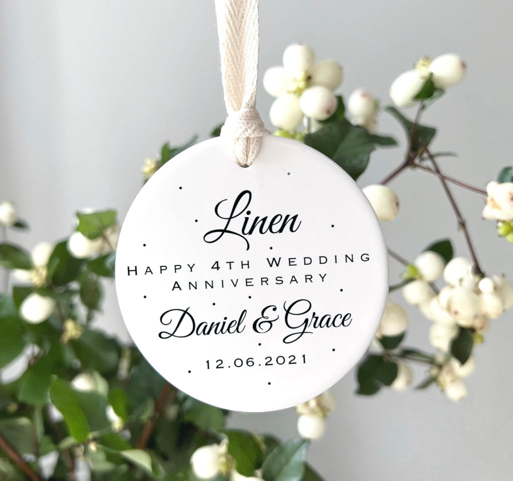 Personalised 4th Anniversary Ornament – Linen Wedding Keepsake