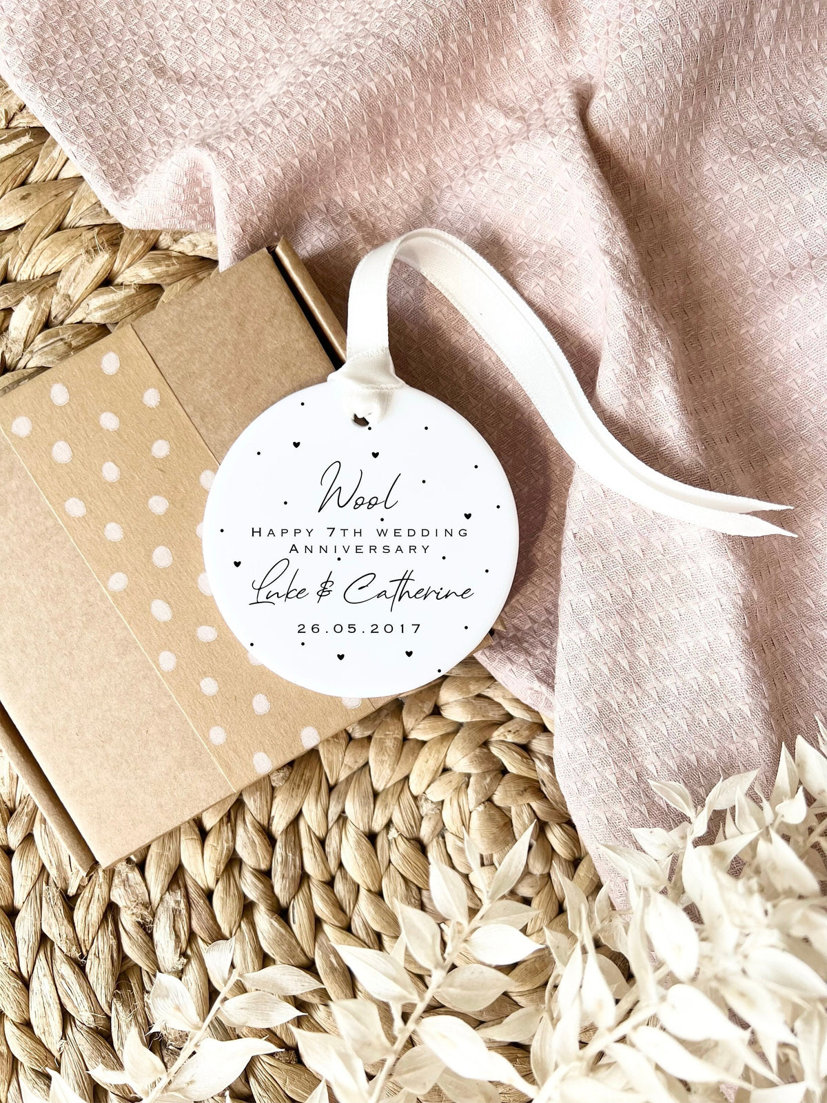 Personalised 7th Anniversary Ornament – Wool Wedding Keepsake
