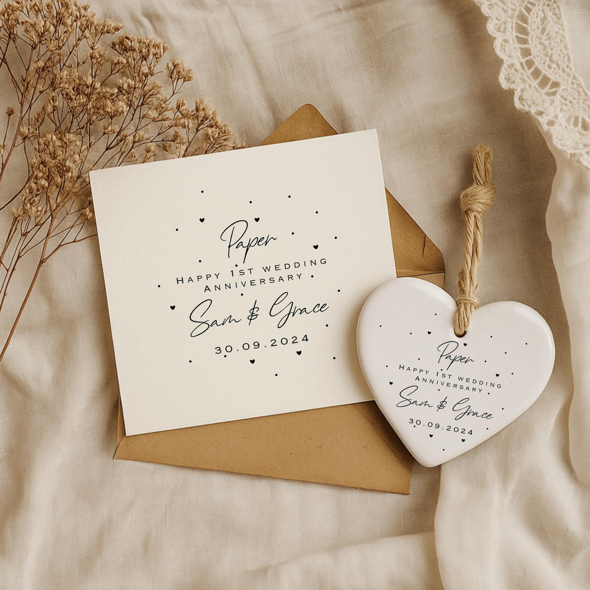 Personalised 1st Anniversary Card & Ceramic Heart Gift Set – Paper