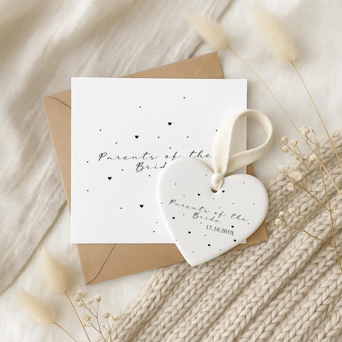 Parents of the Bride Gift Set – Personalised Card & Ceramic Heart Keepsake