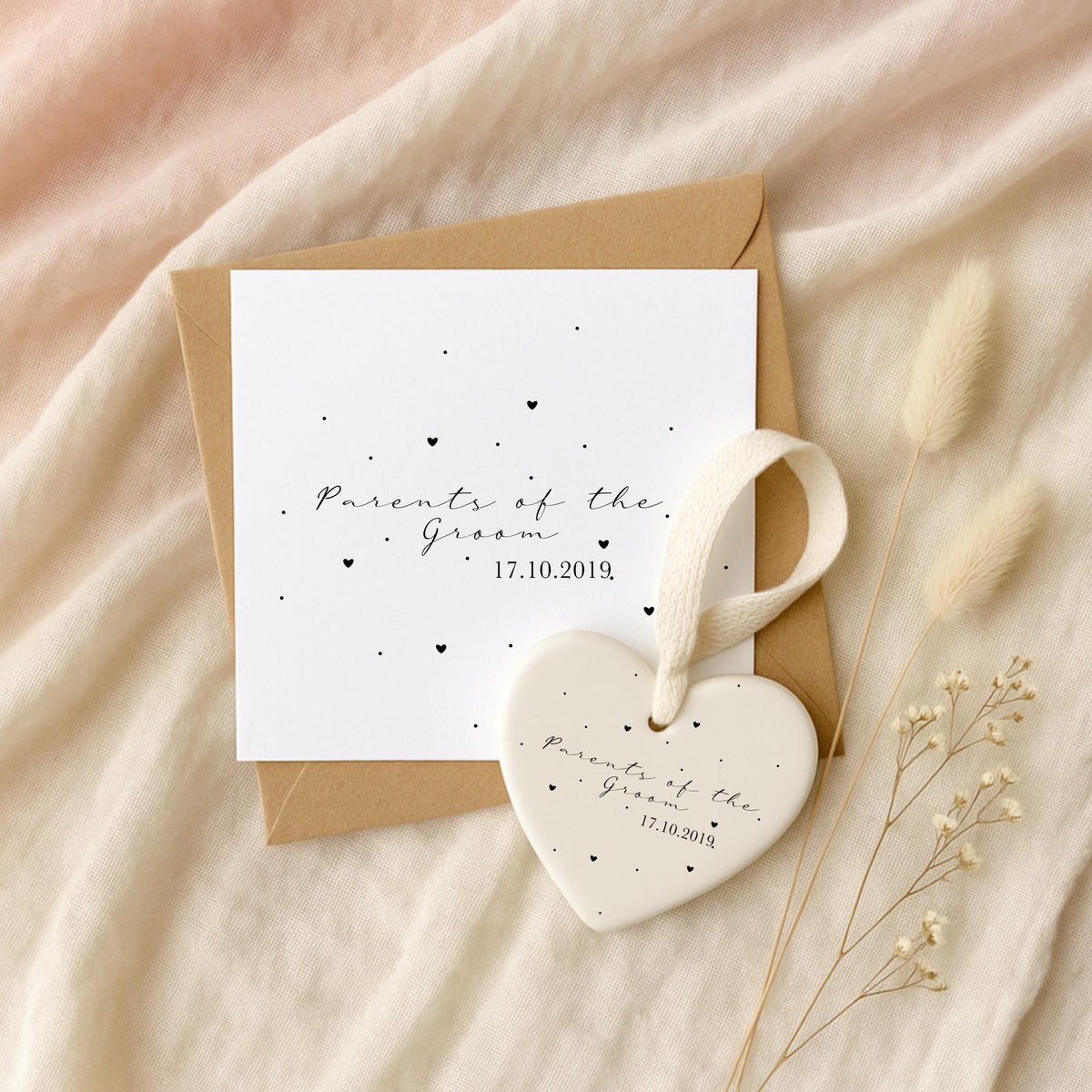 Parents of the Groom Gift Set – Personalised Card & Ceramic Heart Keepsake