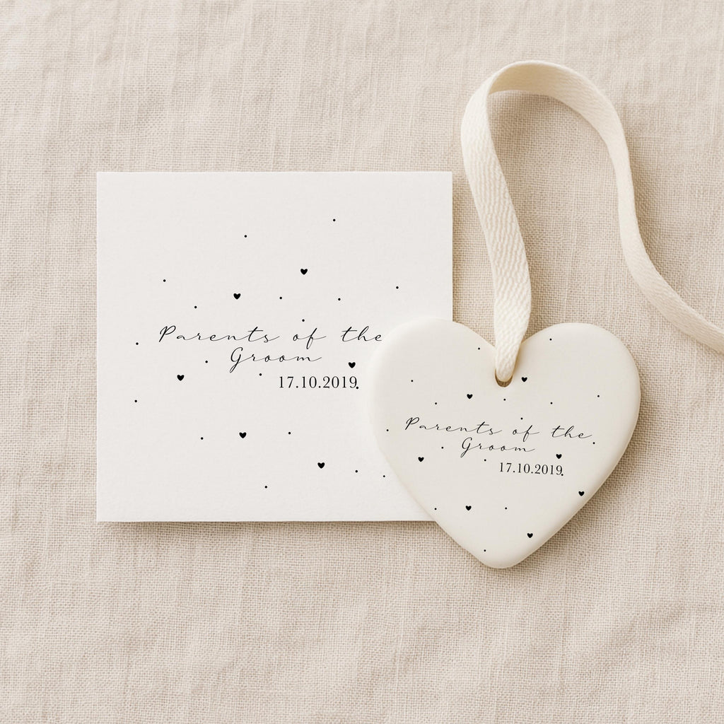 Parents of the Groom Gift Set – Personalised Card & Ceramic Heart Keepsake