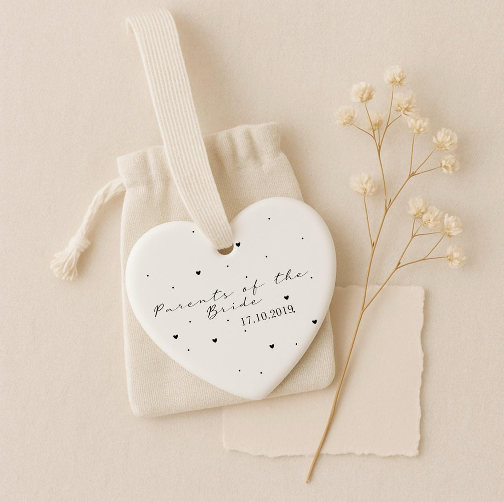 Parents of the Bride Gift Set – Personalised Card & Ceramic Heart Keepsake