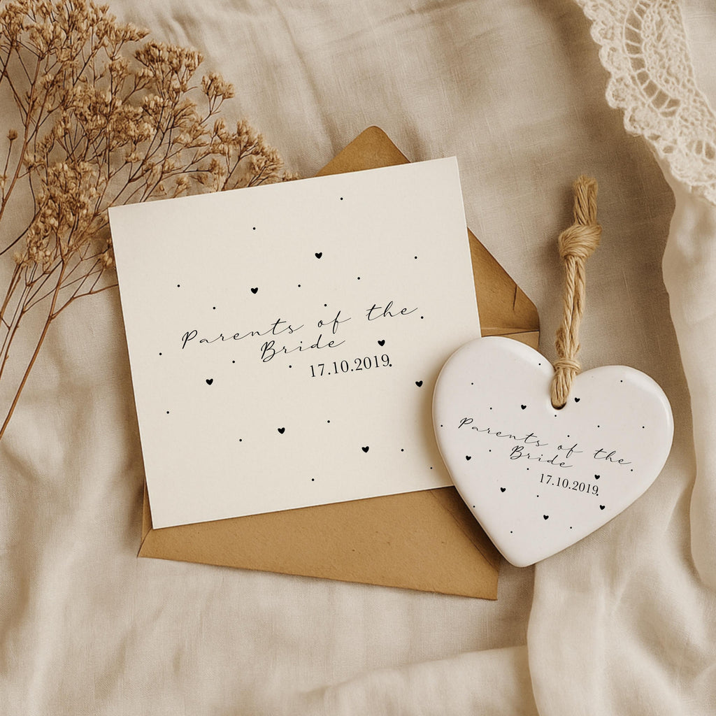 Parents of the Bride Gift Set – Personalised Card & Ceramic Heart Keepsake