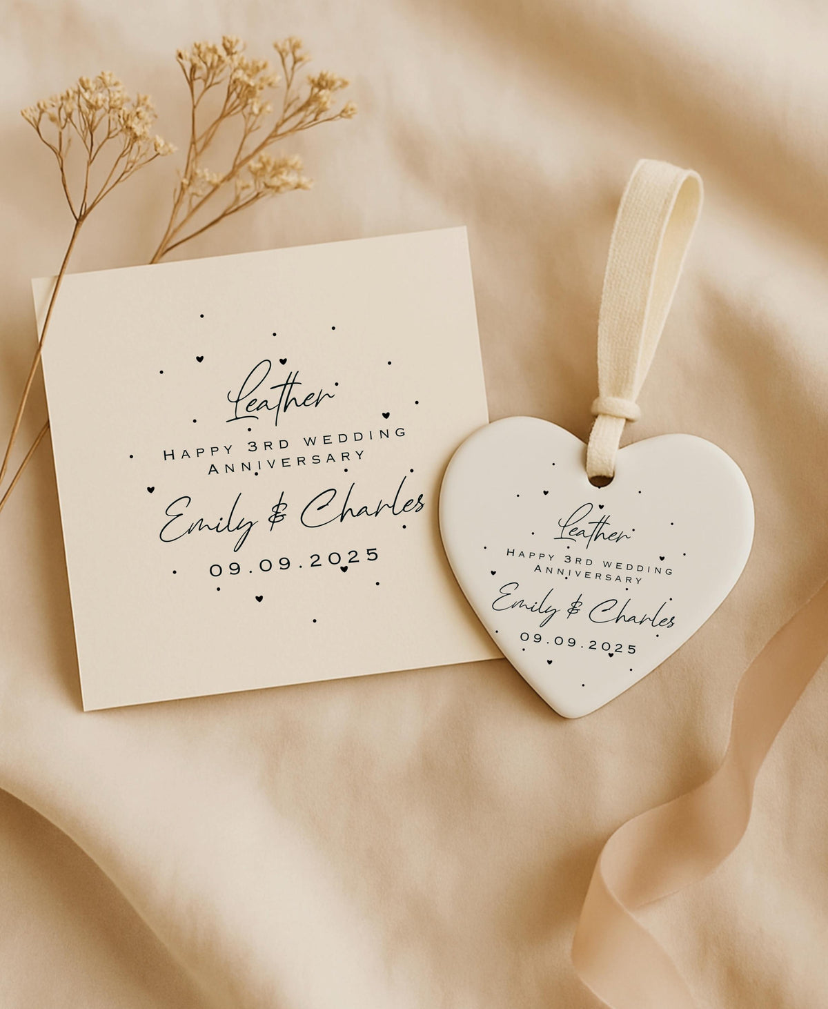 Personalised 3rd Anniversary Card & Ceramic Heart Gift Set – Leather