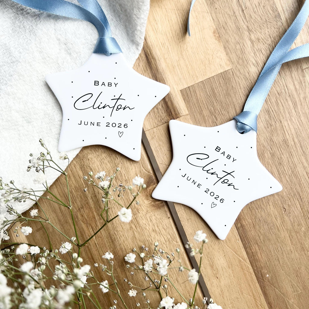 Personalised baby announcement ceramic star ornament
