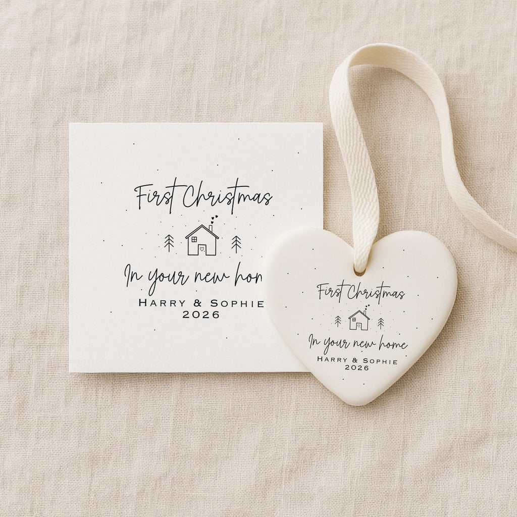 First Christmas New Home Gift Set – Personalised Ceramic Star Bauble & Card