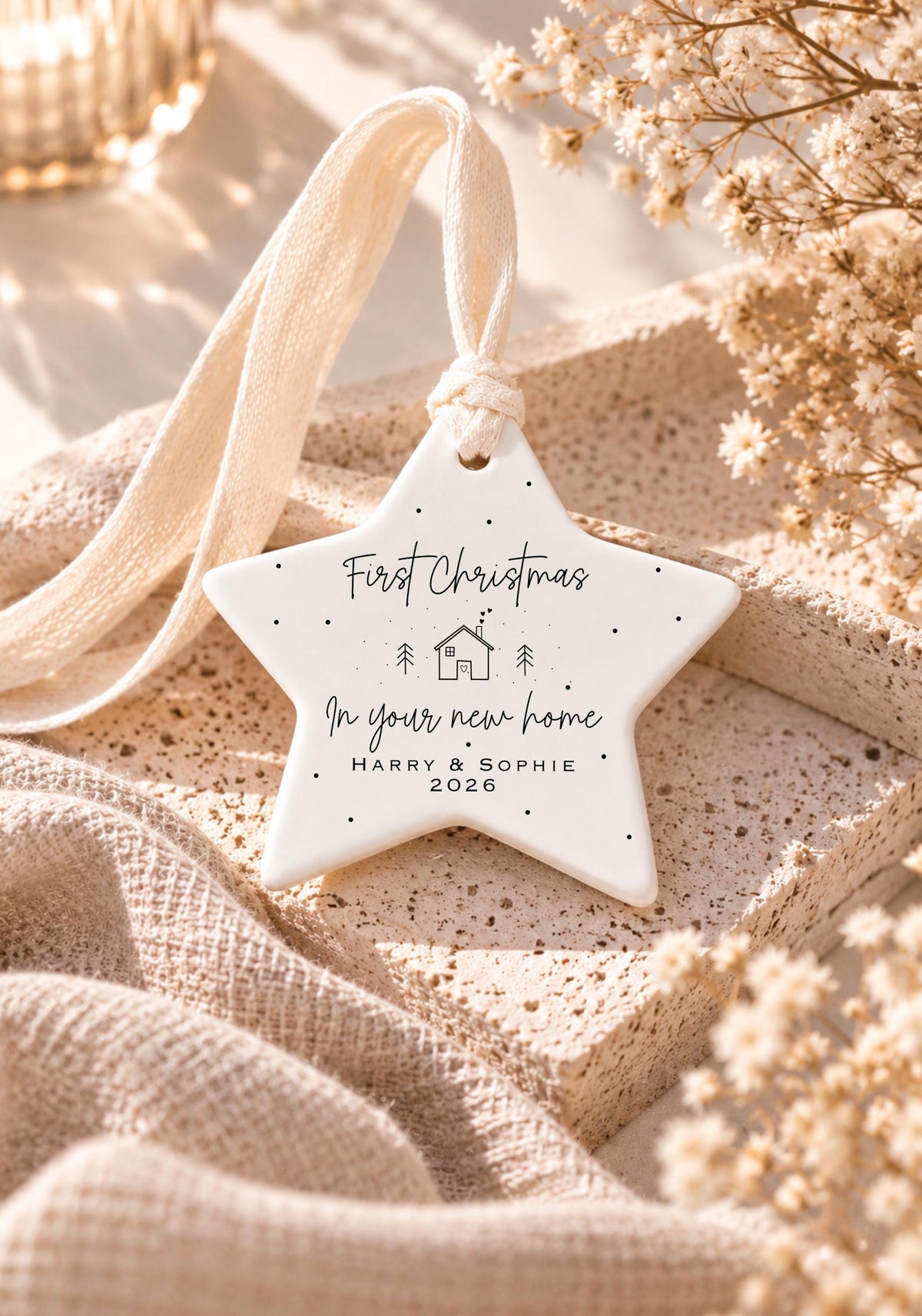First Christmas in New Home Gift Set – Personalised Ceramic Star Bauble & Card