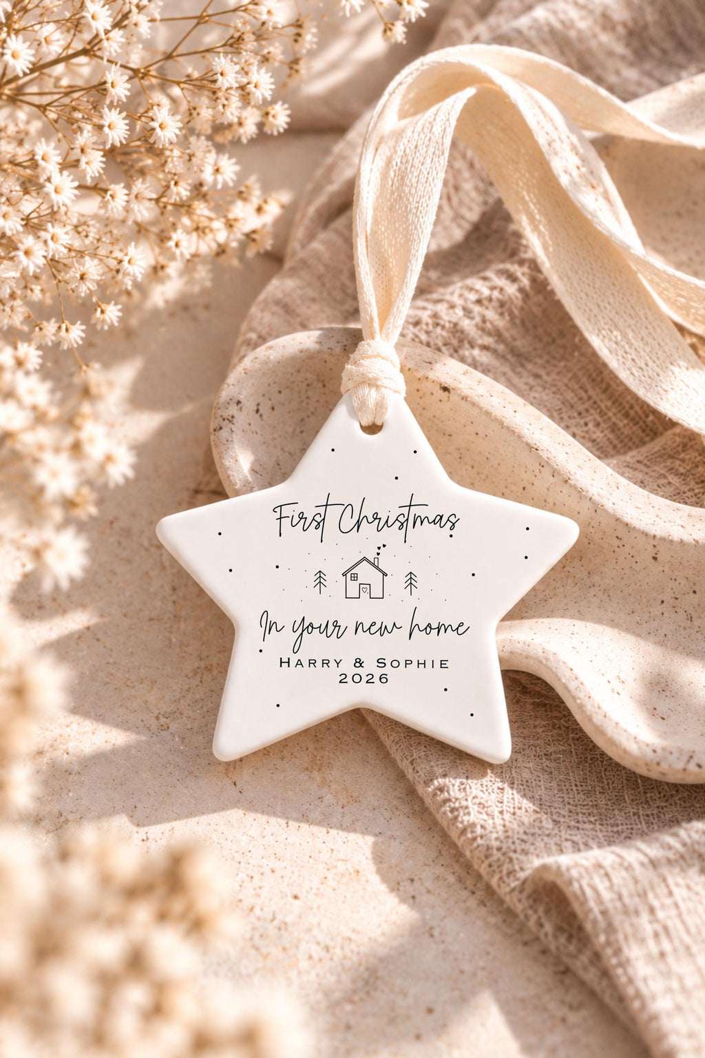 First Christmas in New Home Gift Set – Personalised Ceramic Star Bauble & Card
