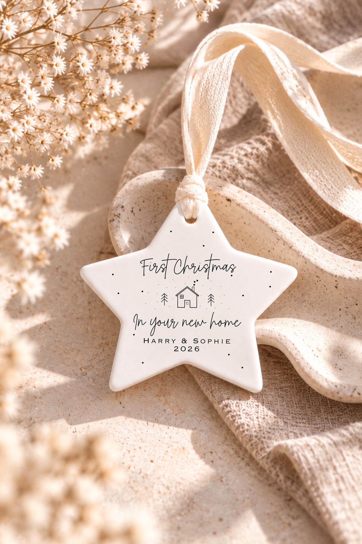 First Christmas in New Home Gift Set – Personalised Ceramic Star Bauble & Card
