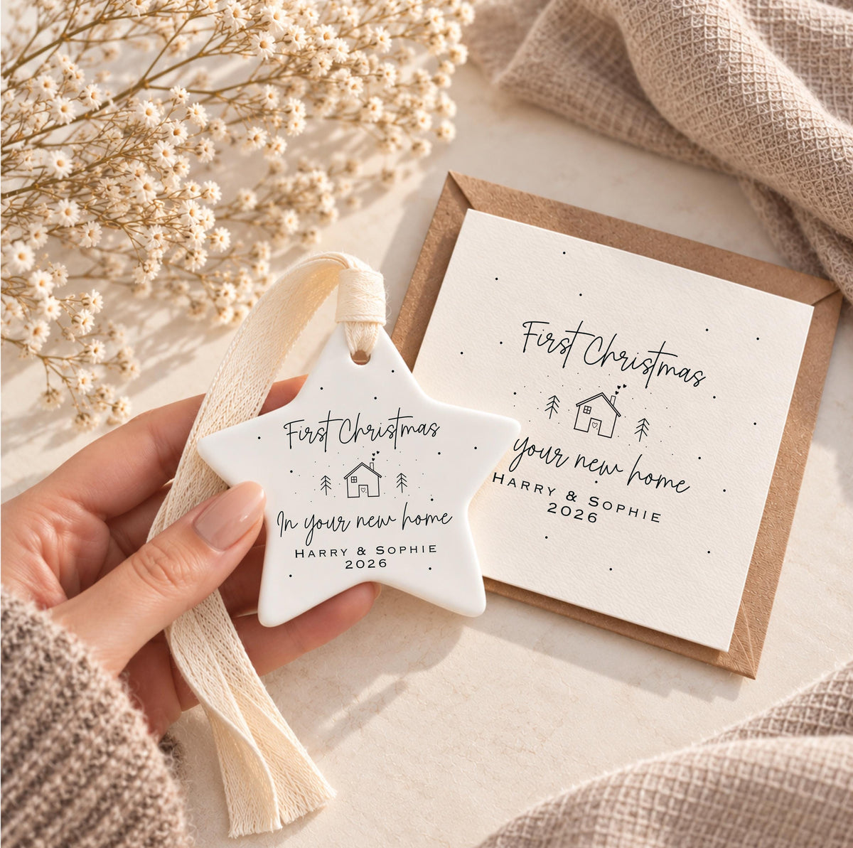 First Christmas in New Home gift set with personalised ceramic star bauble and card