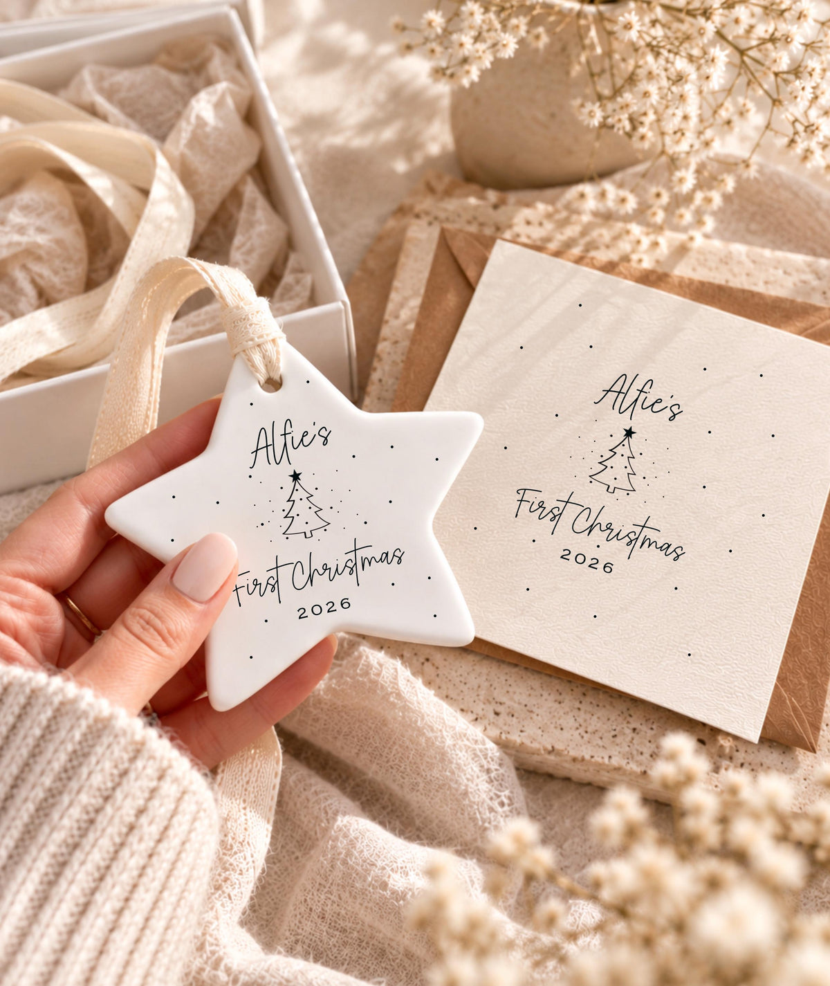 Baby's First Christmas Gift Set – Personalised Ceramic Star Bauble & Card