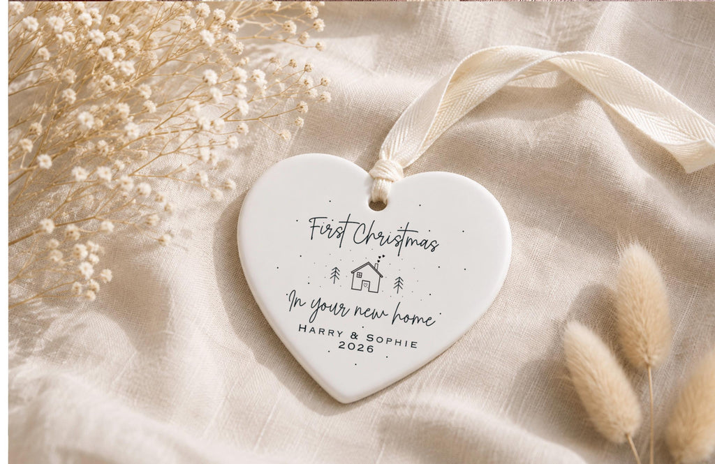 First Christmas New Home Gift Set – Personalised Ceramic Star Bauble & Card