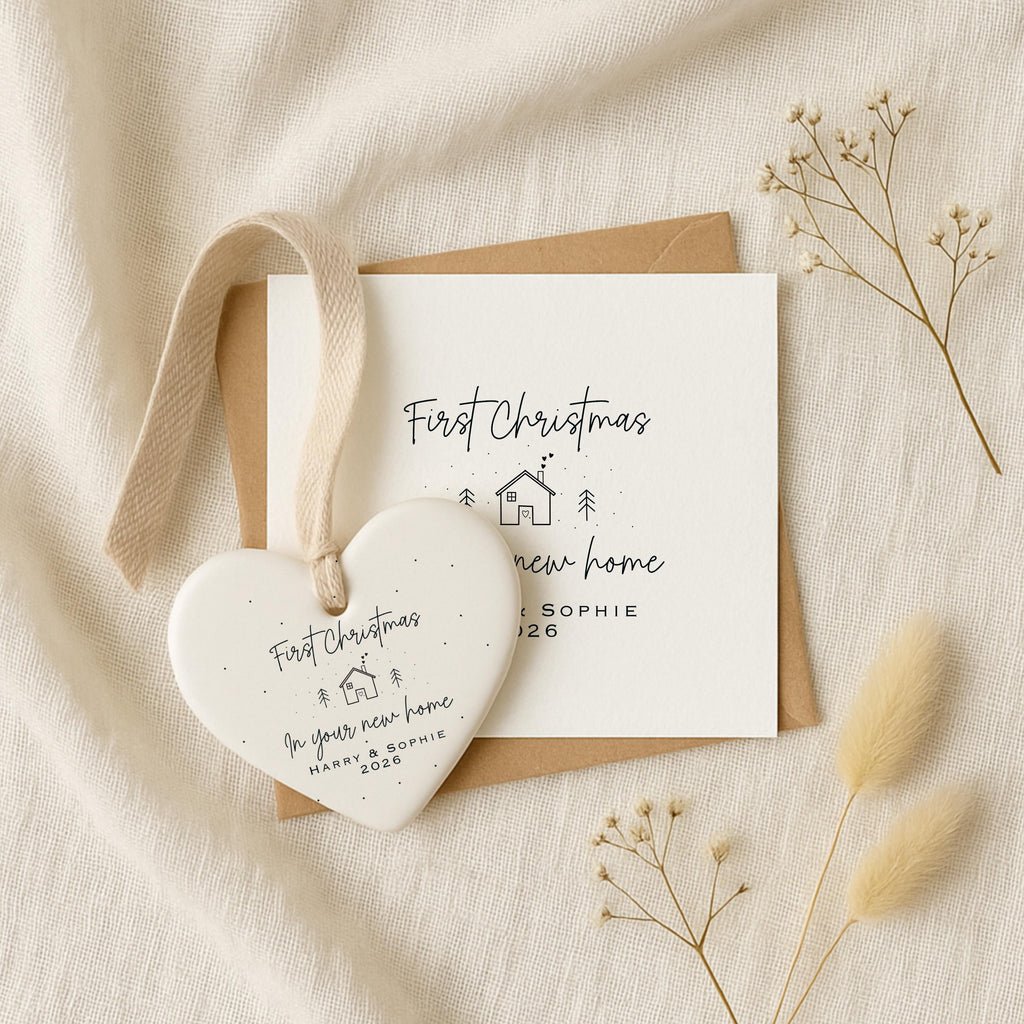 First Christmas New Home Gift Set – Personalised Ceramic Star Bauble & Card