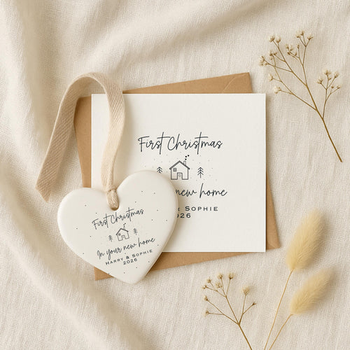 First Christmas New Home Gift Set – Personalised Ceramic Star Bauble & Card