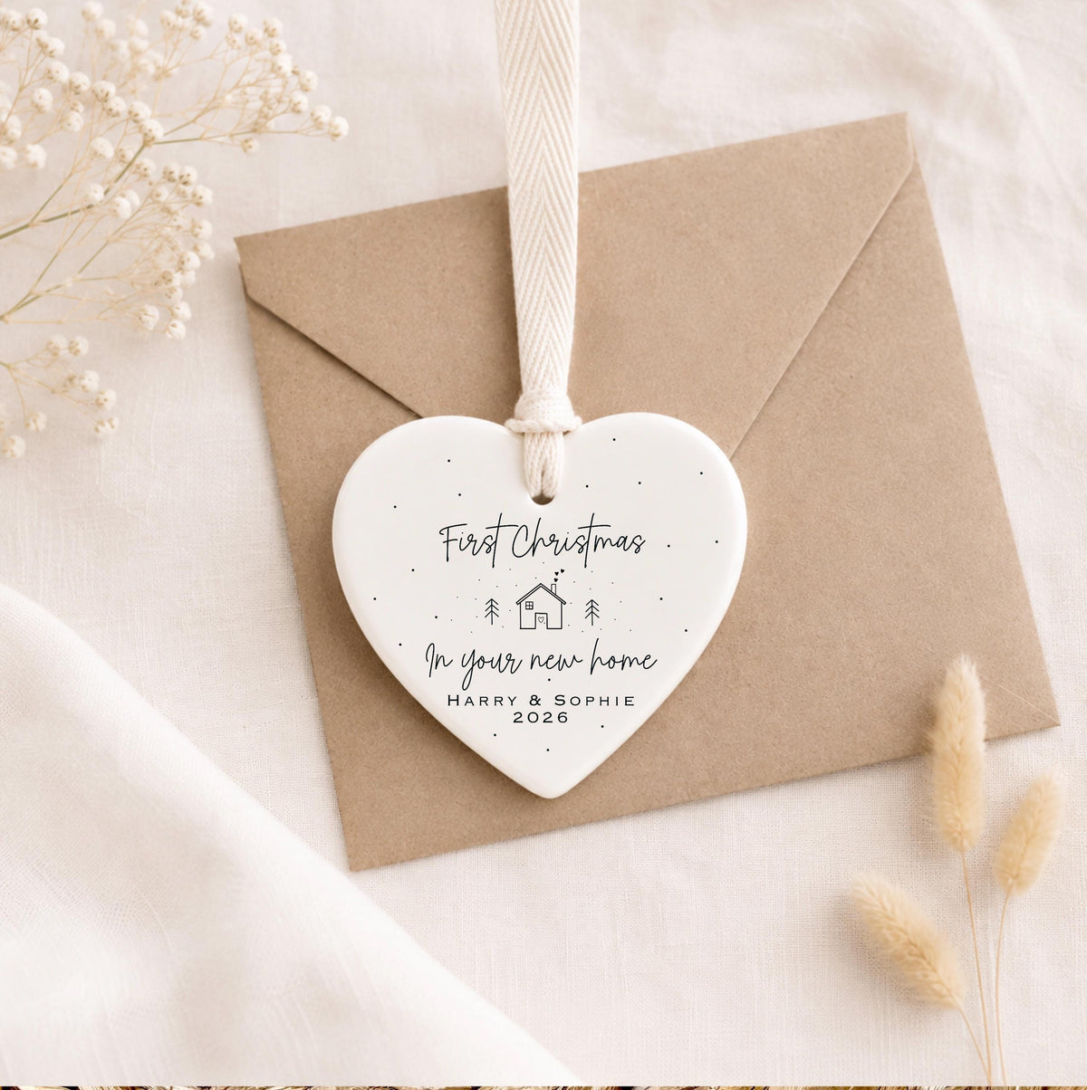 First Christmas New Home Gift Set – Personalised Ceramic Star Bauble & Card