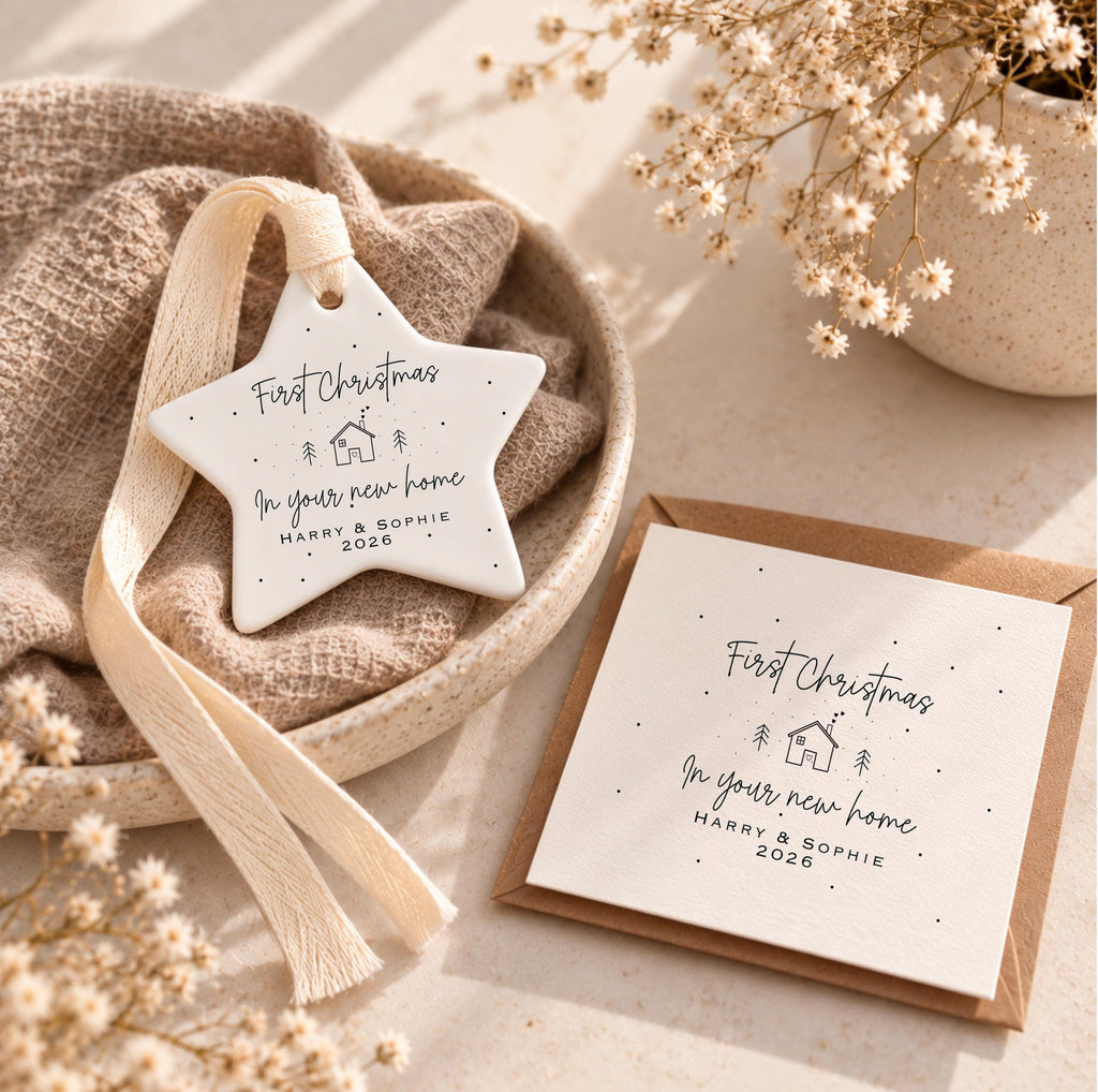 First Christmas in New Home Gift Set – Personalised Ceramic Star Bauble & Card