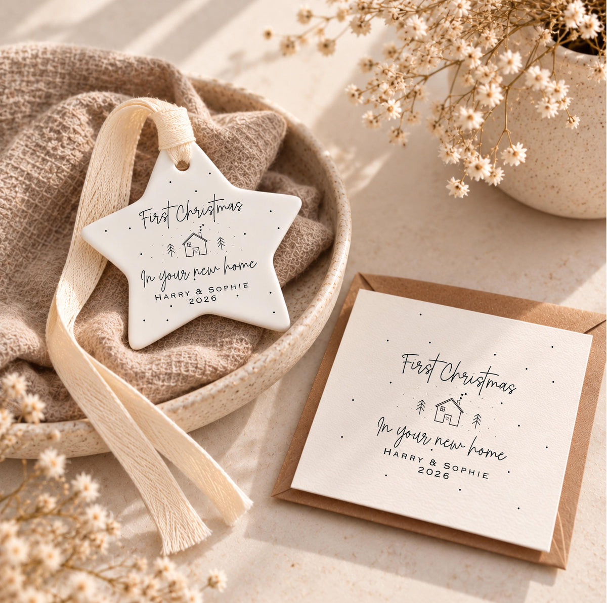 First Christmas in New Home Gift Set – Personalised Ceramic Star Bauble & Card