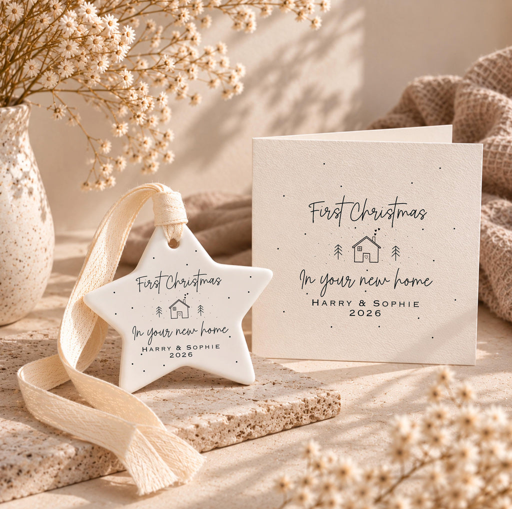 First Christmas in New Home Gift Set – Personalised Ceramic Star Bauble & Card