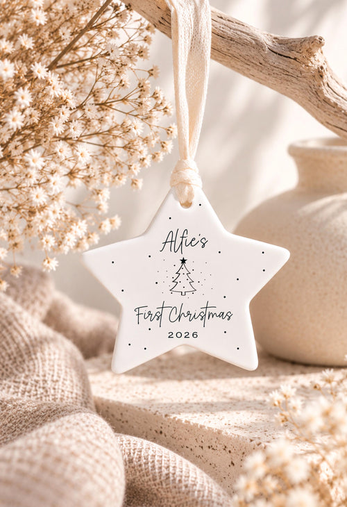 Baby's First Christmas Gift Set – Personalised Ceramic Star Bauble & Card