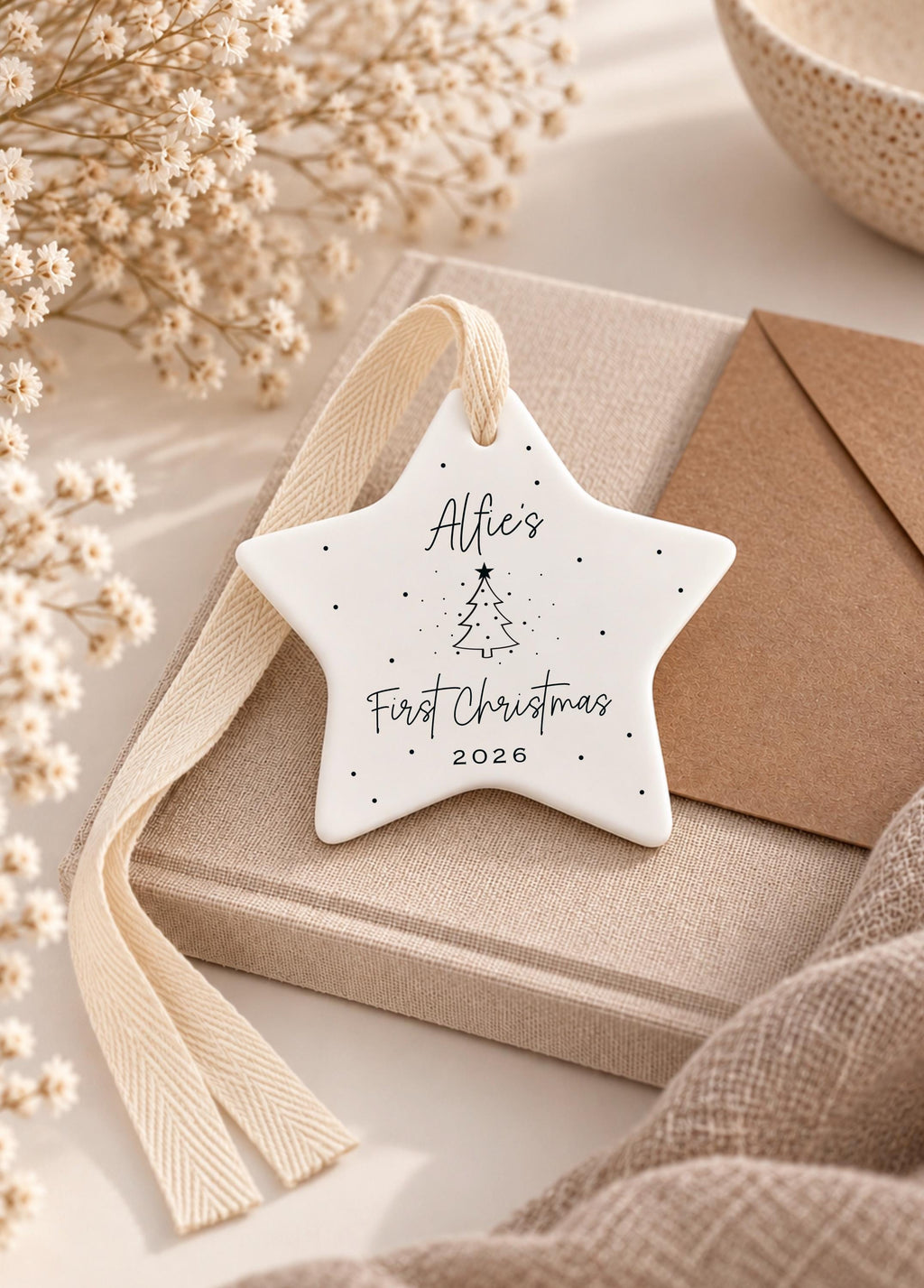 Baby's First Christmas Gift Set – Personalised Ceramic Star Bauble & Card