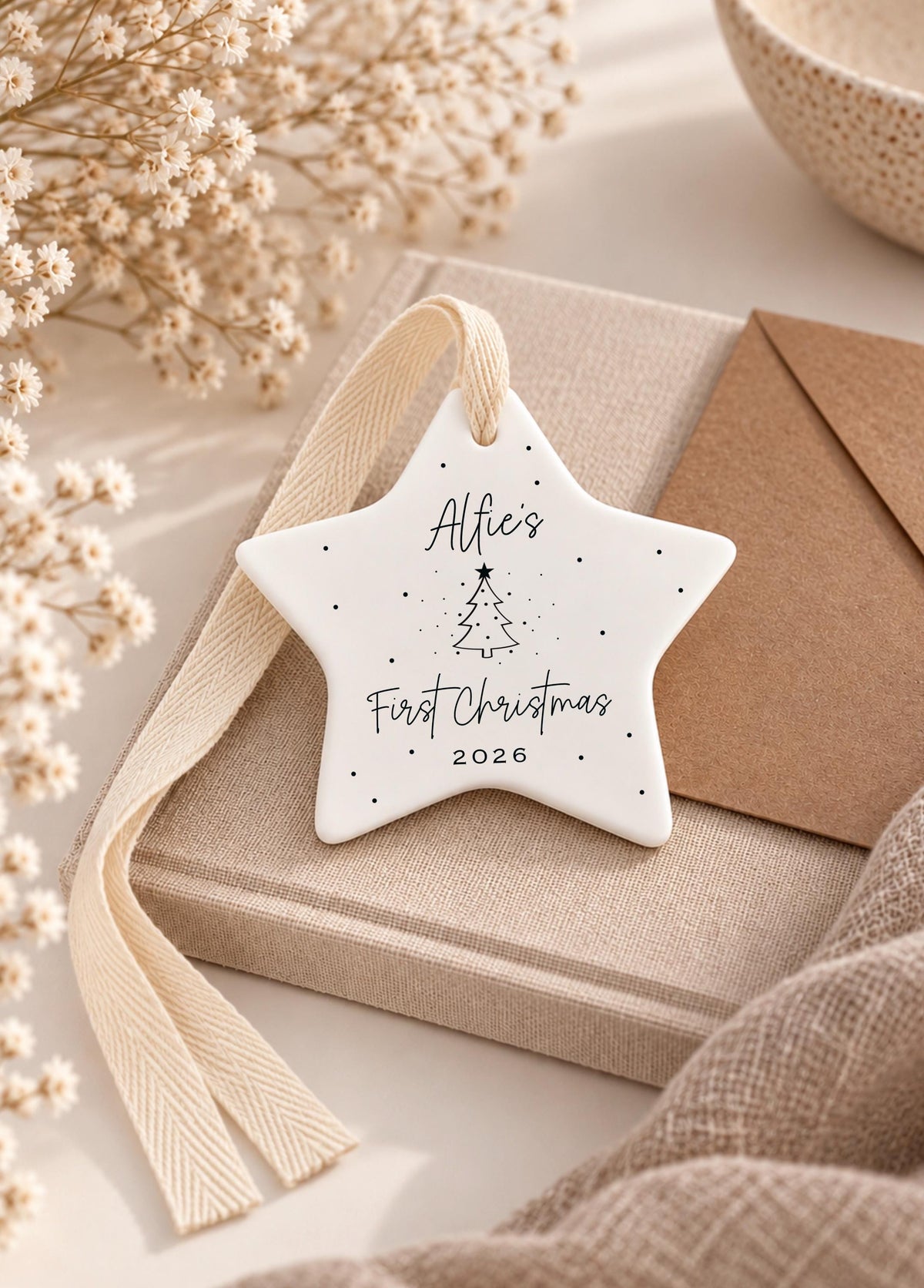 Baby's First Christmas Gift Set – Personalised Ceramic Star Bauble & Card