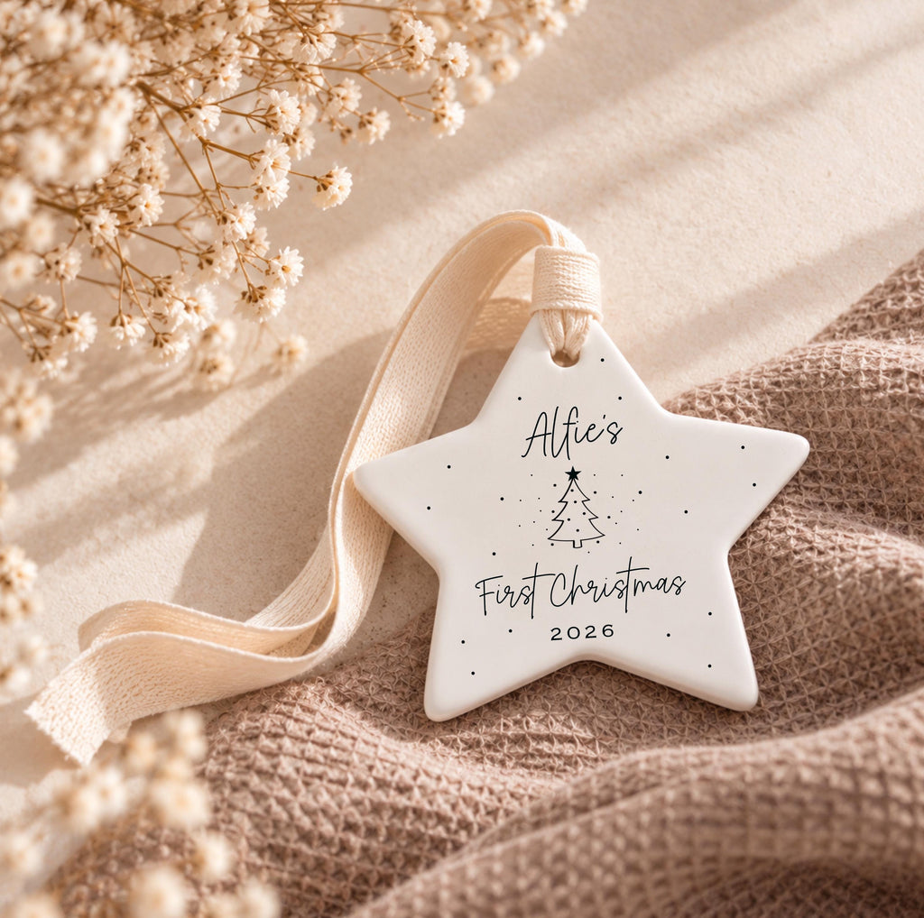 Baby's First Christmas Gift Set – Personalised Ceramic Star Bauble & Card