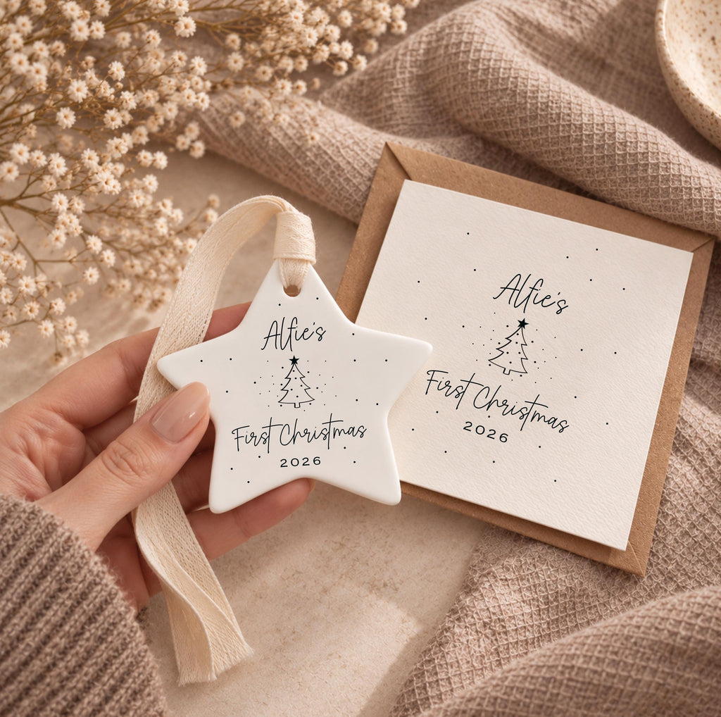 Baby's First Christmas Gift Set – Personalised Ceramic Star Bauble & Card